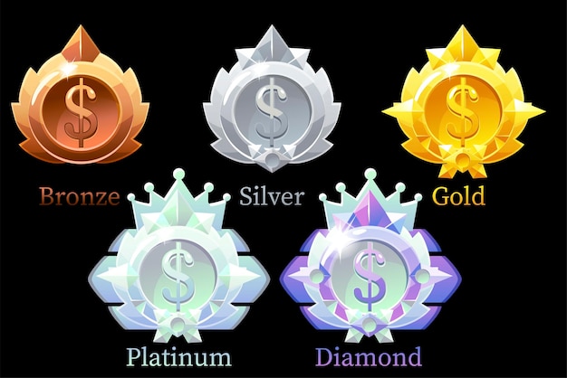 medals dollar gold, silver, bronze, platinum and diamond. Set of currency medals on black