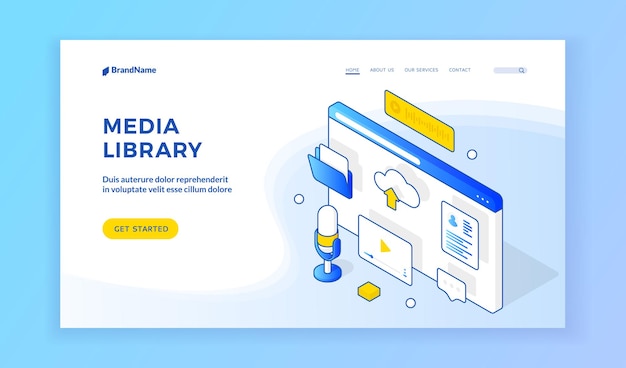 Vector media library. isometric web page template presenting service of online media library. browser screen with podcast, video, files, upload, text and message icons. web banner, landing page template