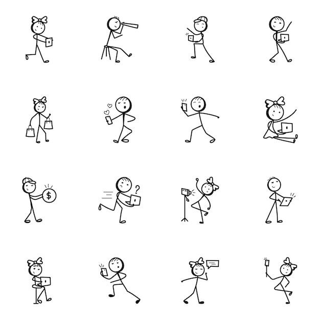 Vector media and multimedia stick figure hand drawn icons