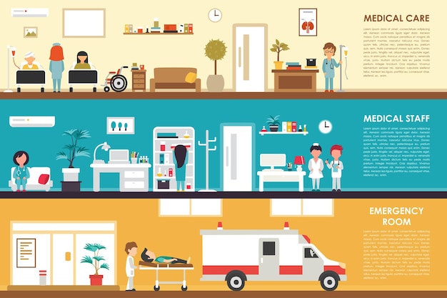 Vector medical care and staff emergency room flat hospital interior concept web vector illustration doctor nurse first aid clinic medicine service