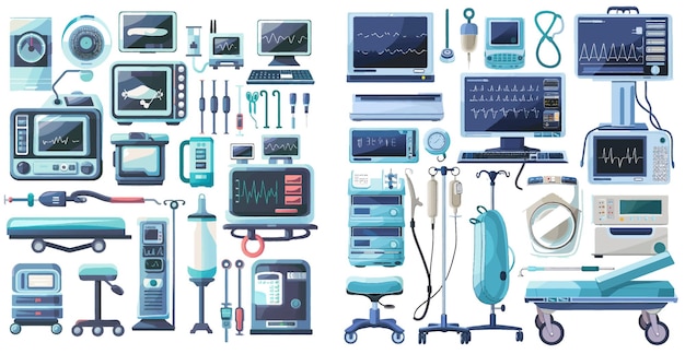 Vector medical checkup mri scanner dentist chair vector illustration set