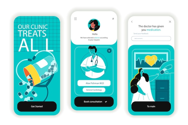 Medical clinic concept onboarding screens UI UX GUI user interface kit