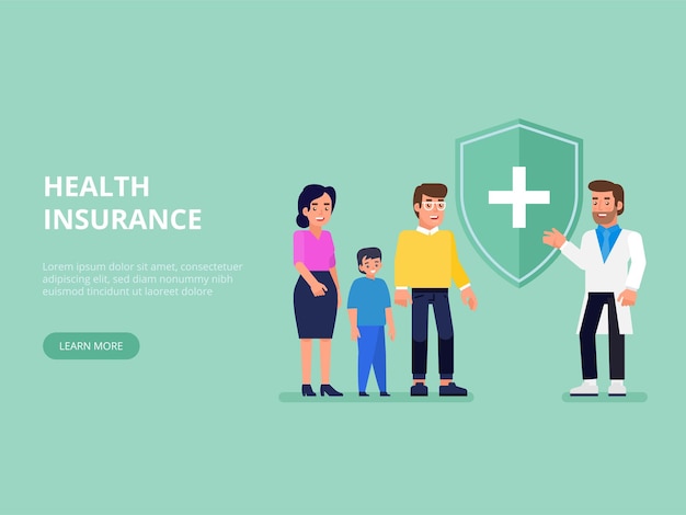 Medical, health and life insurance concept. Insurance agent with protective shield and smiling family with child. Flat  illustration.