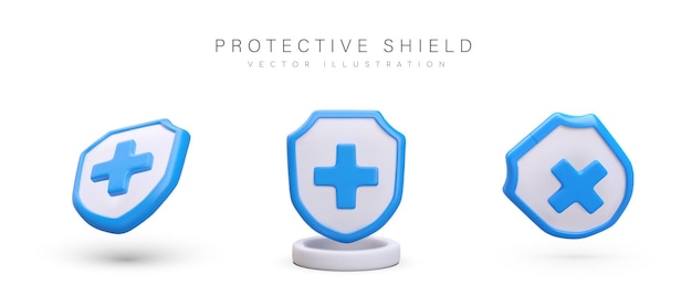 Vector medical protection insurance symbol set of vector shields with blue cross