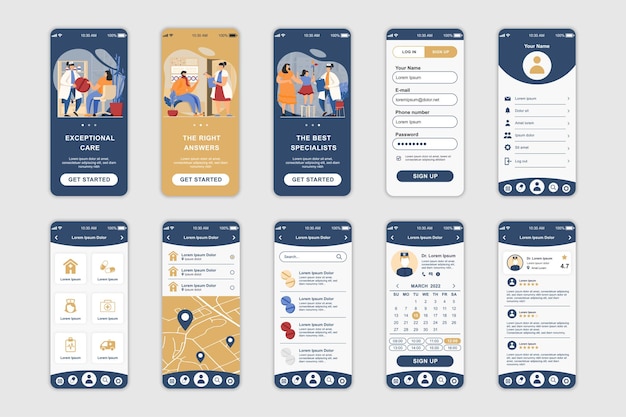 Vector medicine concept screens set for mobile app template ui ux gui user interface kit