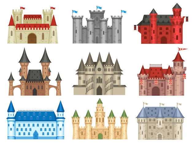 Medieval castles Gothic palace ancient king house and old kingdom castle tower vector set