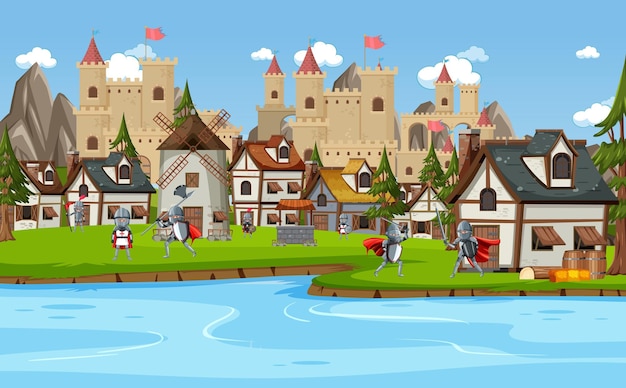 Medieval village scene castle background