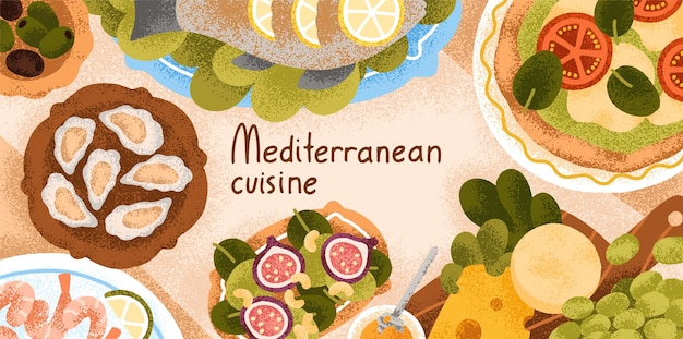 Vector mediterranean cuisine background sea food italian pizza snacks on restaurant banner design seafood eating appetizers starters oysters served on table top view flat vector illustration