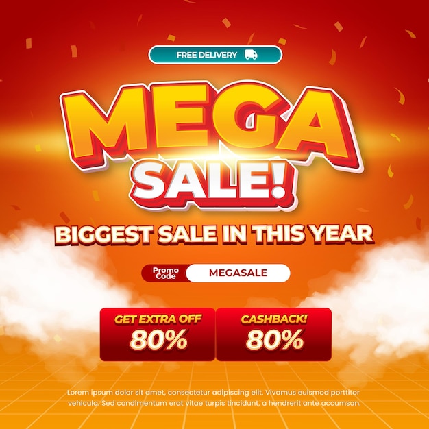 Vector mega sale discount deals editable text with orange red gradient grid banner template