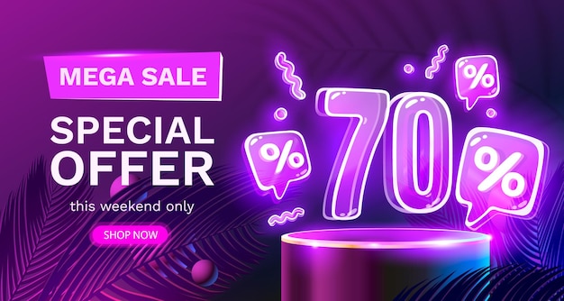 Mega sale special offer Neon 70 off sale banner Sign board promotion Vector illustration