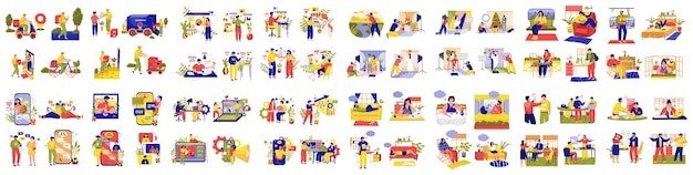 Vector mega set of saturated color concepts with people scene in flat cartoon design a huge collection