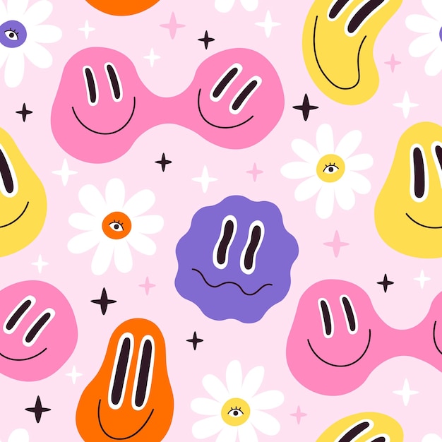 Melted smiley faces and flowers, trippy seamless pattern. Retro hippie psychedelic distorted emoji. Lava lamp smiley face vector wallpaper