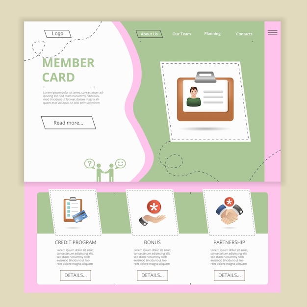 Vector member card flat landing page website template credit card bonus partnership web banner with header