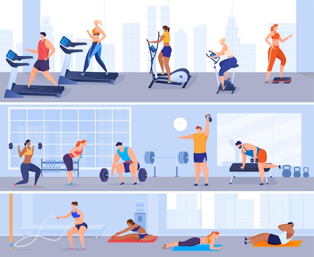 Men and women play sports in the gym. Gymnastics, exercise machines, weightlifting. Keeping the body in good physical shape. Colorful  illustration in flat cartoon style.