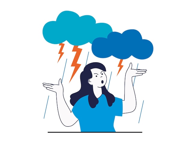 Mental health concept with character situation Angry woman screaming in strong rage with clouds and thunderstorm emotional problems Vector illustration with people scene in flat design for web