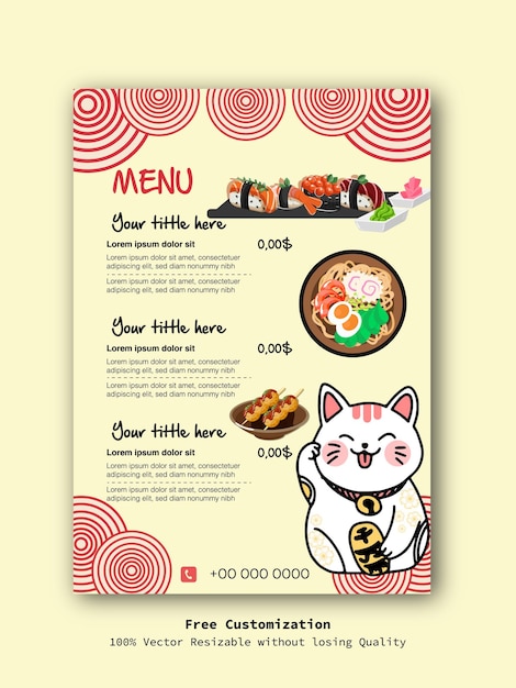 Vector a menu for sushi restaurant with a cat and sushi menu