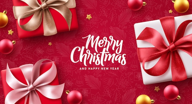 Merry christmas gifts vector background design. Christmas and happy new year text in red pattern