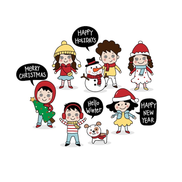 Merry Christmas greeting card with cute kids.