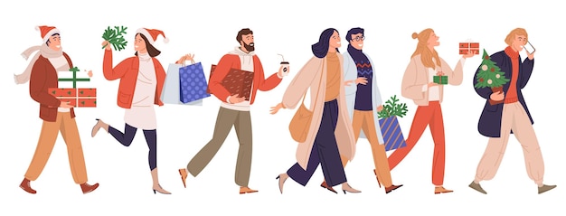 Merry Christmas greeting card with people walking and hurrying for a Christmas sale