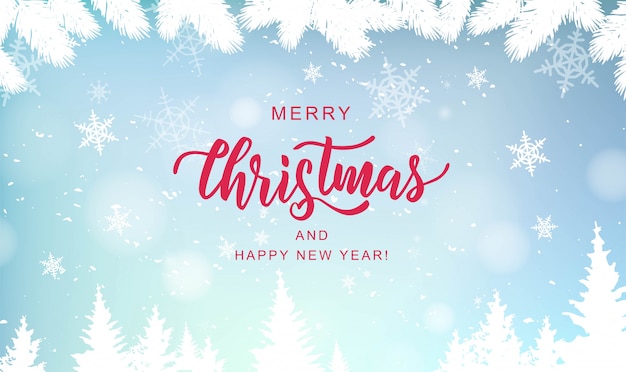 Vector merry christmas hand lettering on blur background with snowflakes.