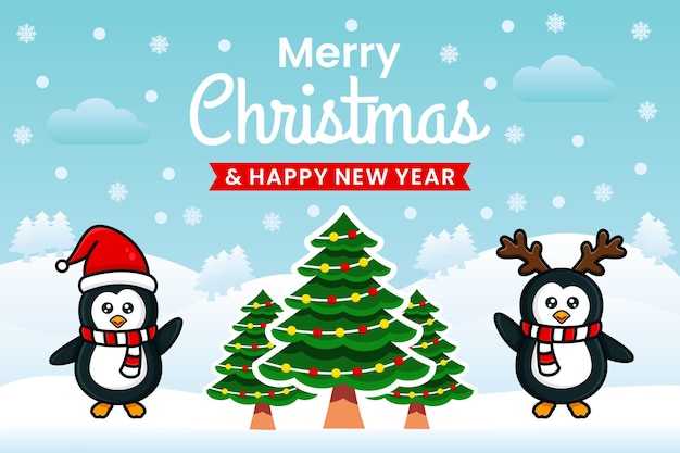 Merry Christmas and Happy New Year Banner design template with penguins