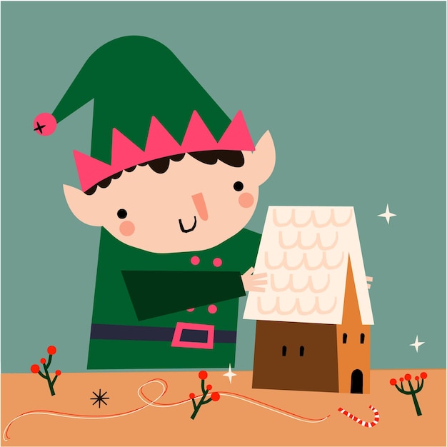 Vector merry christmas and happy new year greeting card with little elf. holiday cartoon character in winte