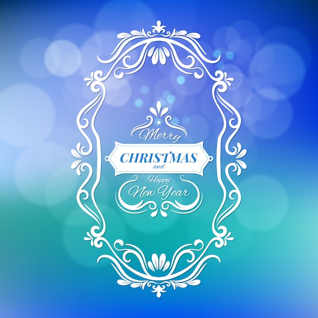 Merry christmas and happy new year vector illustration isolated on blue blurred background