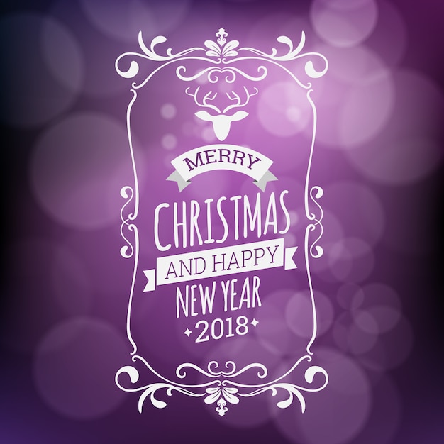 Merry christmas and happy new year vector illustration isolated on purple blurred background