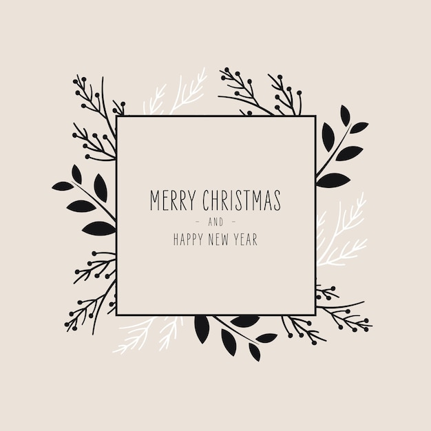 Vector merry christmas modern card with frame banner greetings fir pine branches black white on beige background