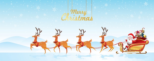 Vector merry christmas santa claus is rides reindeer sleigh