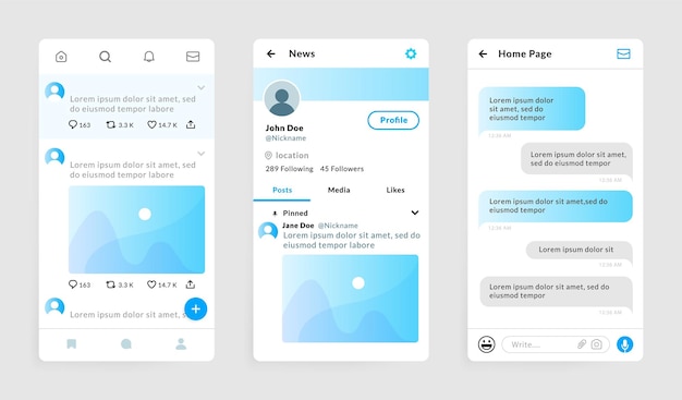 Messenger app templates Social account smartphone interfaces Touch screen with options and buttons User profile mobile UI Social network and blog mockup Vector online chat set