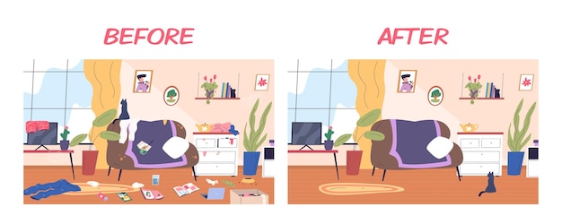 Vector messy clean room dirty living house stains furniture before organizing cleaning home neat apartment indoor after clutter mess interior garbage on sofa chores vector illustration