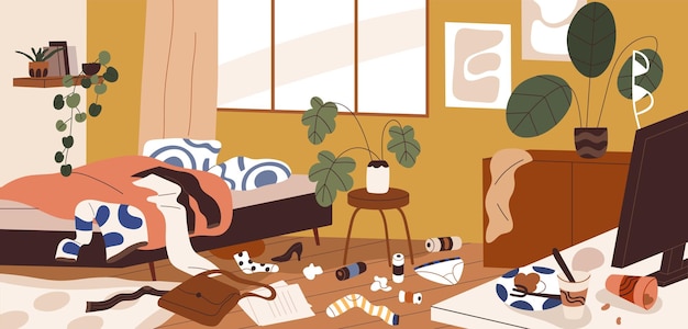 Vector messy dirty untidy chaotic home room. mess, dirt, chaos in house interior. disorder, scattered stuff, trash, clothes clutter lying around on floor in apartment. colored flat vector illustration.