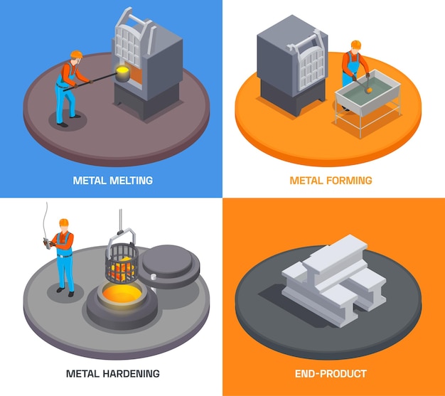 Metallurgy foundry industry isometric design concept with text and people operating metal melting and hardening facilities