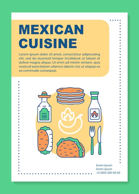 Mexican cuisine brochure template layout. Mexico cantina. Flyer, booklet, leaflet print design with linear illustrations. Vector page layouts for magazines, annual reports, advertising posters