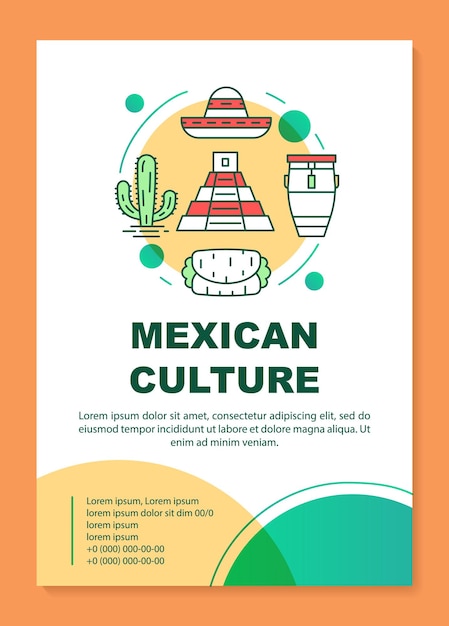 Mexican culture brochure template layout. Mexico travel. Flyer, booklet, leaflet print design with linear illustrations. Vector page layouts for magazines, annual reports, advertising posters