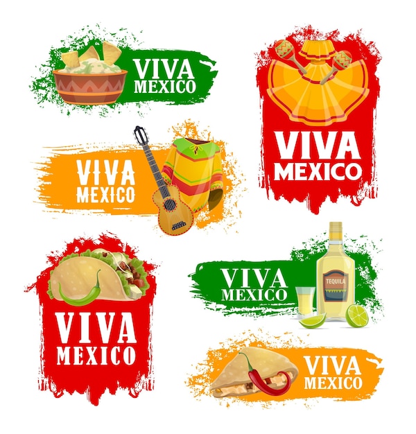 Mexican holiday food and drink icons Viva Mexico