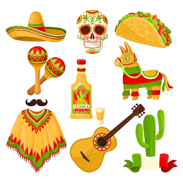 Mexican holiday symbols set, sombrero hat, sugar skull, taco, maracas, pinata, tequila bottle, poncho, acoustic guitar  Illustrations on a white background