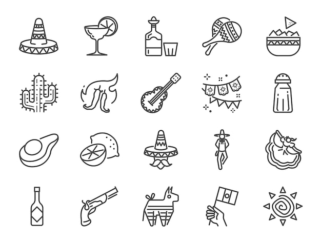 Mexican line icon set.