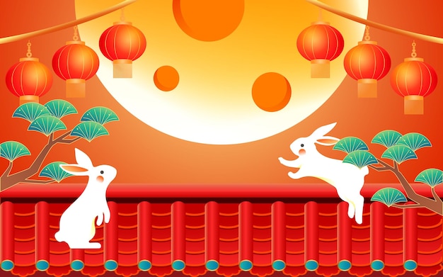 Mid-autumn festival on August 15th, traditional mythology of jade rabbit worshiping the moon, vector