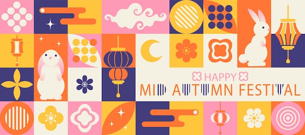 Mid Autumn festival geometric bauhaus style poster background horizontal banner with rabbits