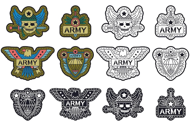 Military and army logo badge and patch vector cartoon set isolated on a white background