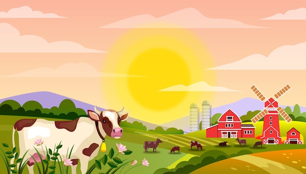 Vector milk farm  landscape with bull, green fields, cows, big rising sun, grass, mill