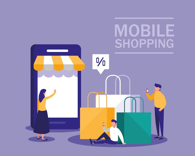 Vector mini people with smartphone and shopping online