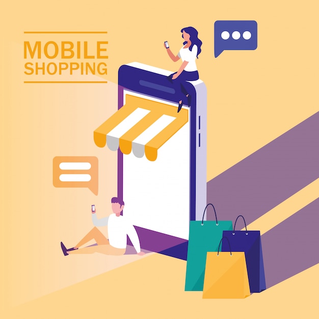 Mini people with smartphone and shopping online