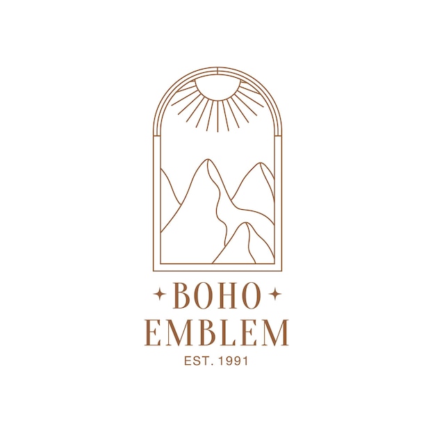 Minimal boho landscape logo in linear style Mountains nature sun and sunburst