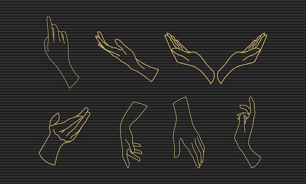 Vector minimalist line art hand gesture collection in gold