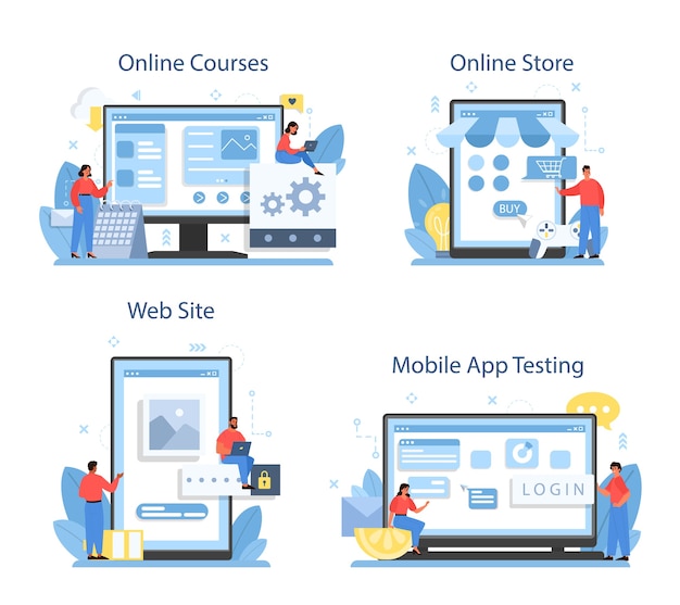 Mobile app development online service or platform set.