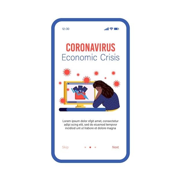 Mobile app page for illustration of coronavirus economic crisis cartoon vector