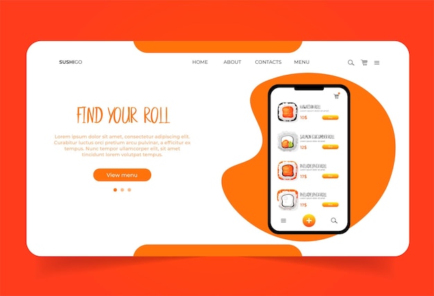 Vector mobile app template with sashimi menu landing page template with asian food sushi store homepage